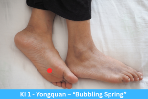 Acupuncture Point Kidney 1 shown on woman's foot
